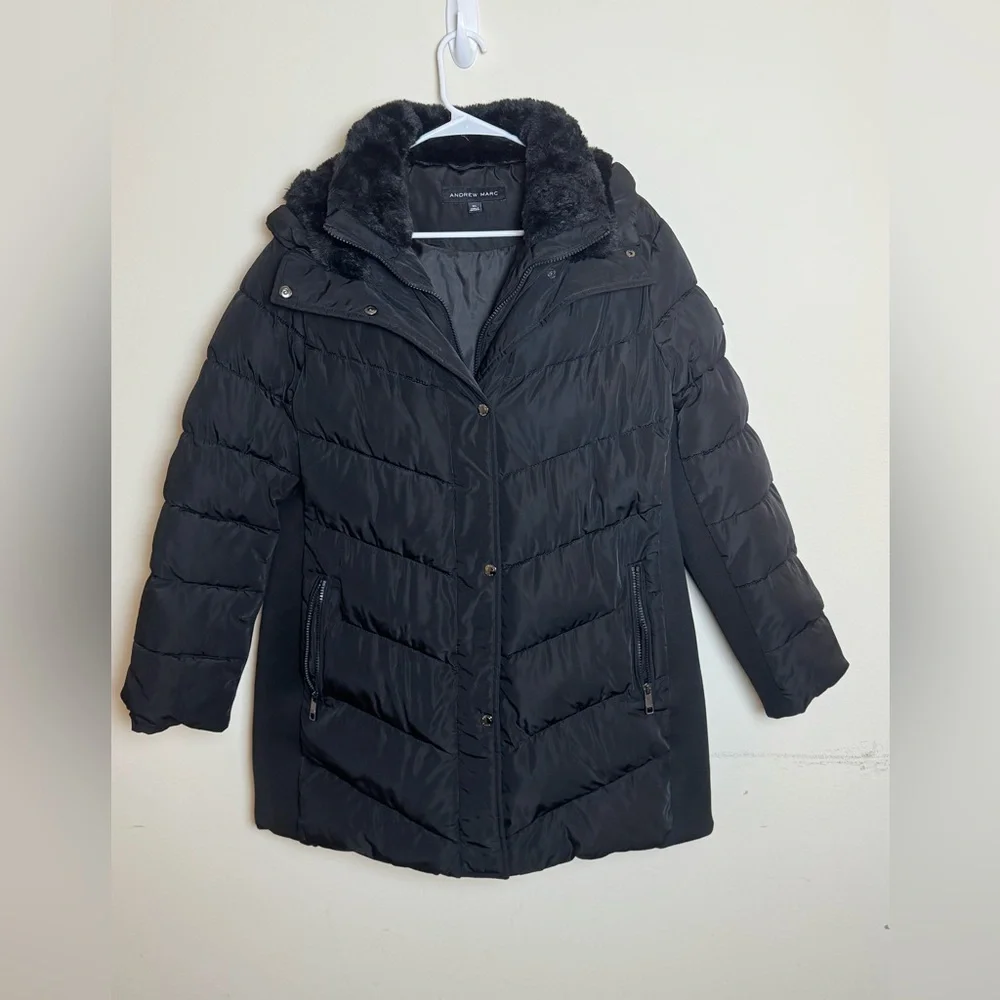 Andrew Marc‎ Ladies' Walker Jacket Black Mixed Media Hooded Puffer